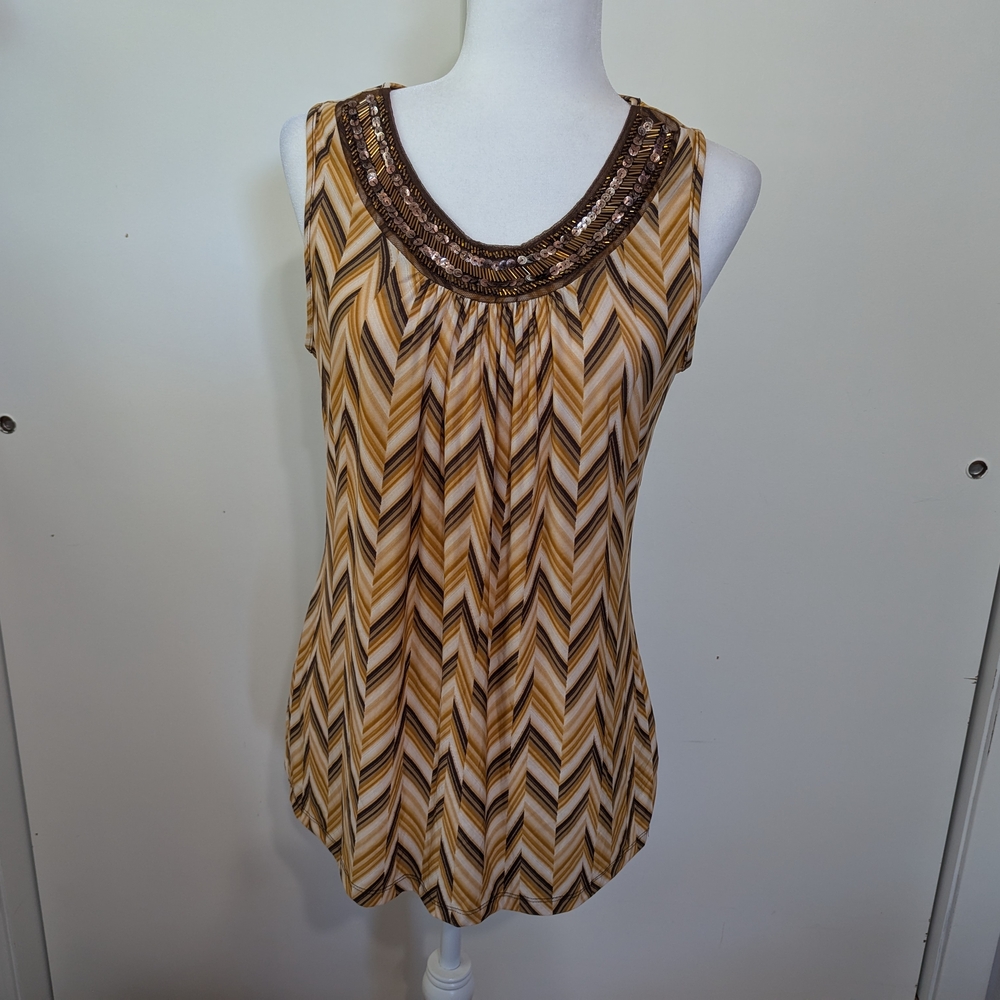Dress Barn Embellished Brown and Tan Sleeveless Tank Top